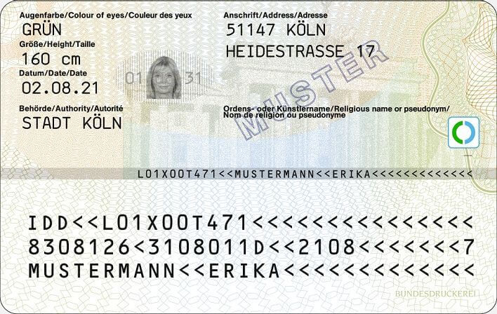 Maschinenlesbare Zone des Personalausweises der Bundesrepublik Deutschland (Rückseite)