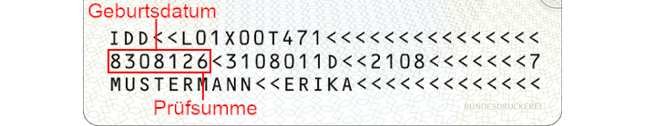 Geburtsdatum in der maschinenlesbaren Zone auf dem Personalausweis der Bundesrepublik Deutschland