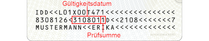Gültigkeitsdatum in der maschinenlesbaren Zone auf dem Personalausweis der Bundesrepublik Deutschland