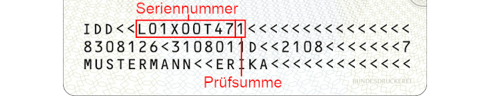 Seriennummer in der maschinenlesbaren Zone auf dem Personalausweis der Bundesrepublik Deutschland