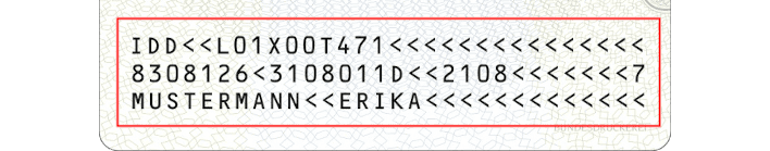 Maschinenlesbare Zone des Personalausweises der Bundesrepublik Deutschland (Rückseite)