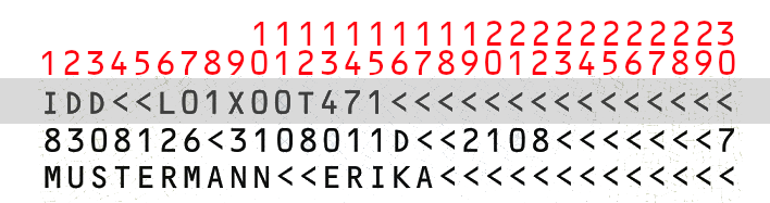 Zeile 1 der MRZ des Personalausweismusters der Bundesrepublik Deutschland Abbildung der MRZ auf der Rückseite des Personalausweismusters der Bundesrepublik Deutschland