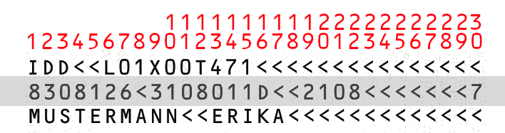 Zeile 2 der MRZ des Personalausweismusters der Bundesrepublik Deutschland Abbildung der MRZ auf der Rückseite des Personalausweismusters der Bundesrepublik Deutschland