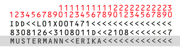 Zeile 3 der MRZ des Personalausweismusters der Bundesrepublik Deutschland Abbildung der MRZ auf der Rückseite des Personalausweismusters der Bundesrepublik Deutschland